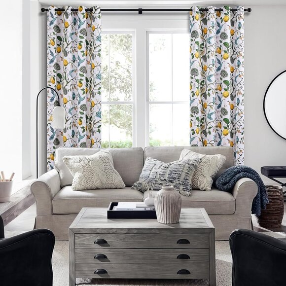 Floral Lemon Hummingbird Curtains Patterned Waverly Mid-Century Style - Picture 6 of 9